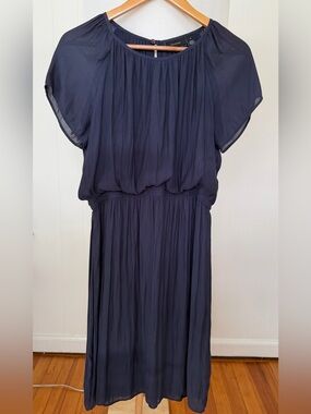 Women's Navy Pleated Blouson Midi Dress